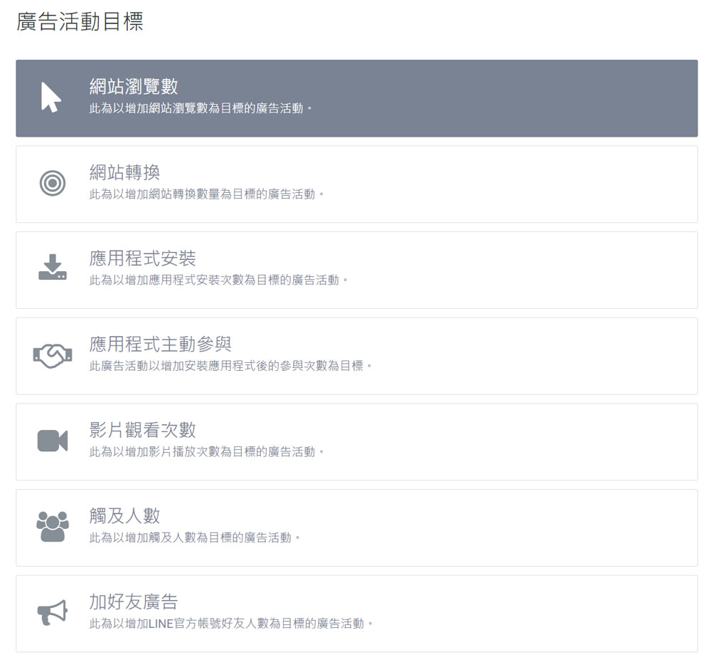 LINE LAP廣告活動類型