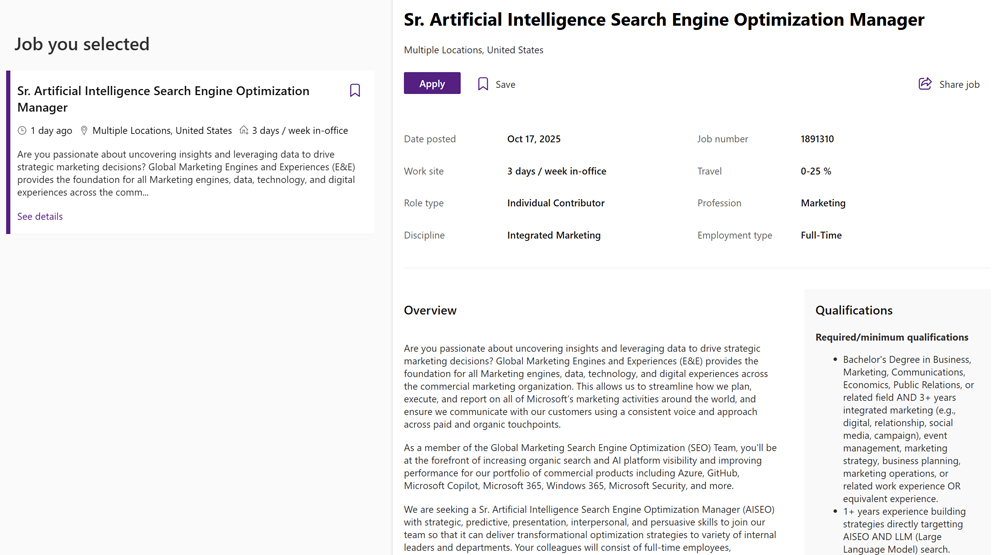 Microsoft招募 AI SEO經理